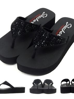 Skechers Black Sparkle Beaded Yoga Foam Thong Sandals Sz 10